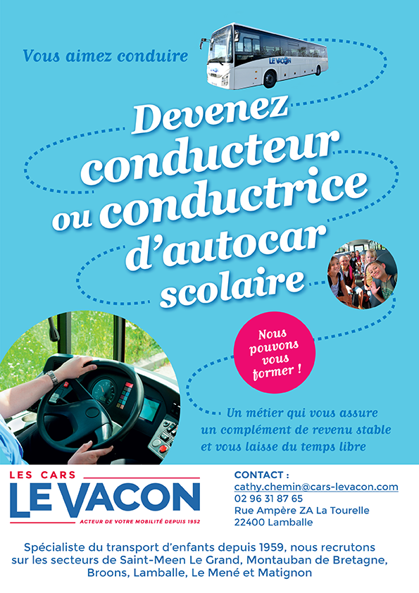 Offre : conducteurs scolaires sur les secteurs Saint-Meen Le Grand, Montauban de Bretagne, Broons, Lamballe, Le Mené et Matignon